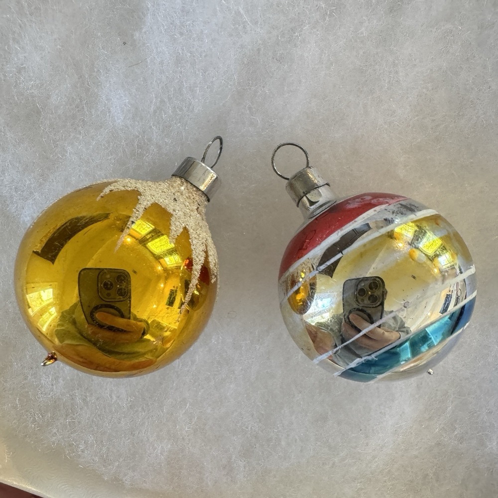 Vintage Small Glass Christmas Ornament Lot Red Blue Silver Stripe Gold Mica 1.5"